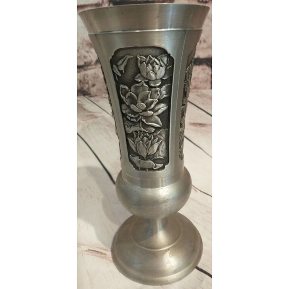 TUMASEK PEWTER Vase Chalice Mug Cup Wine goblet floral etched Malyasia - Picture 4 of 7